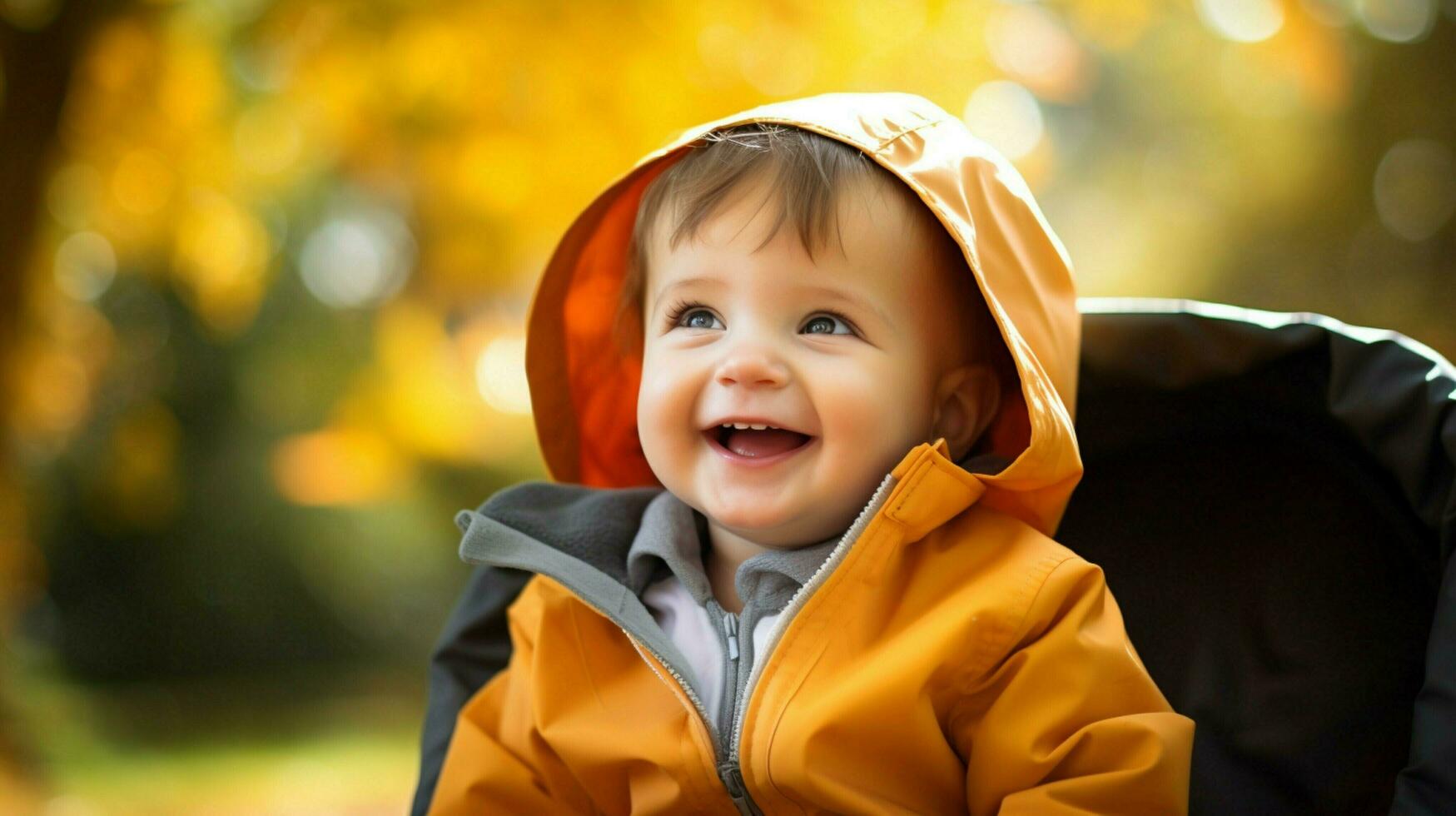 söt bebis pojke spelar utomhus leende med oskuld foto