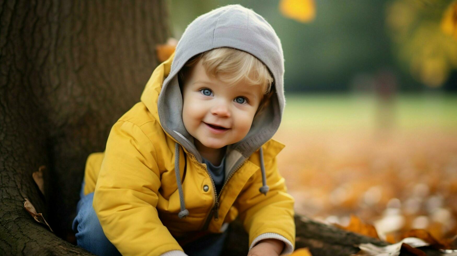 söt bebis pojke spelar utomhus leende med oskuld foto