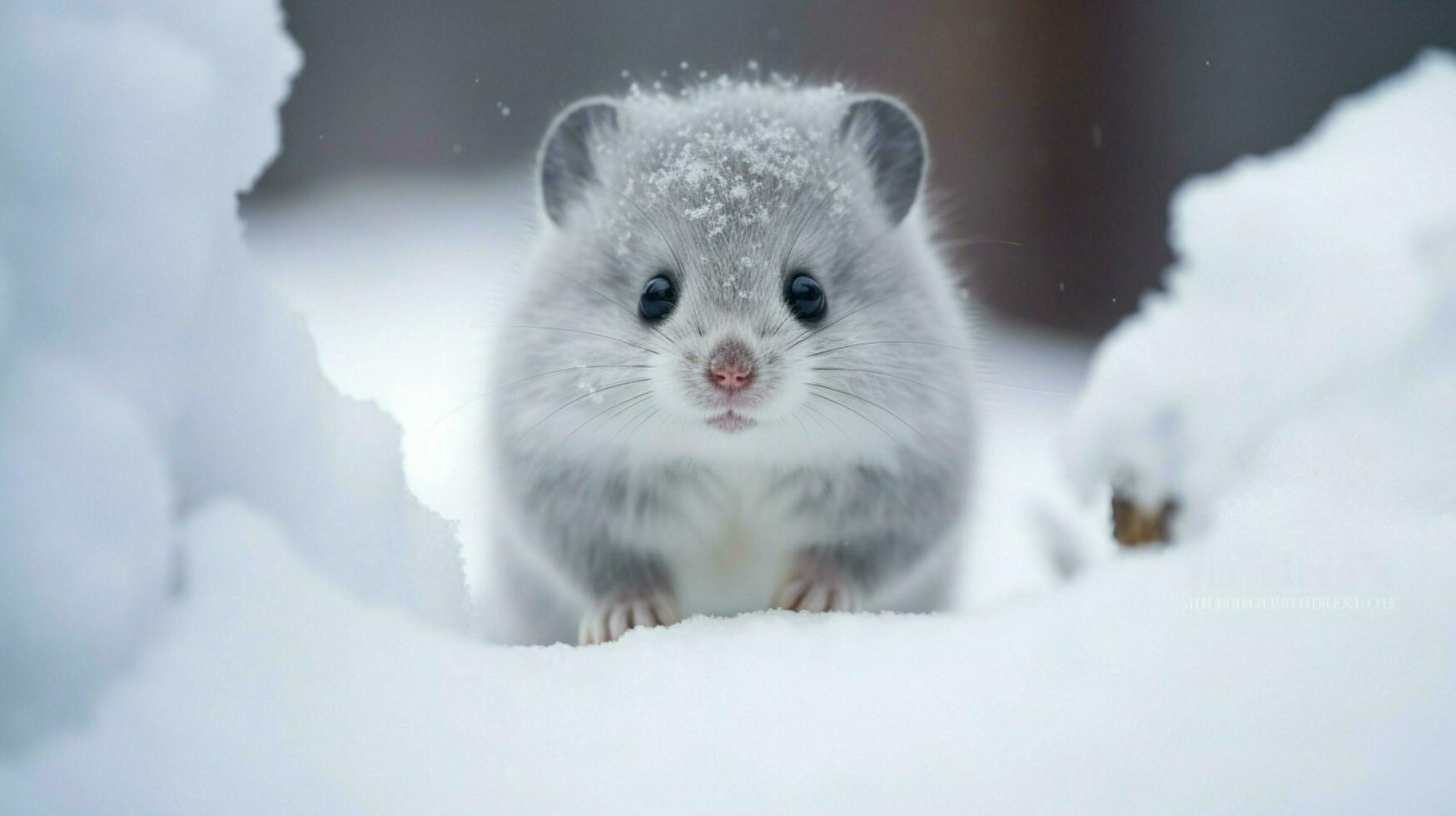 söt däggdjur ser på kamera fluffig päls gående i snö foto