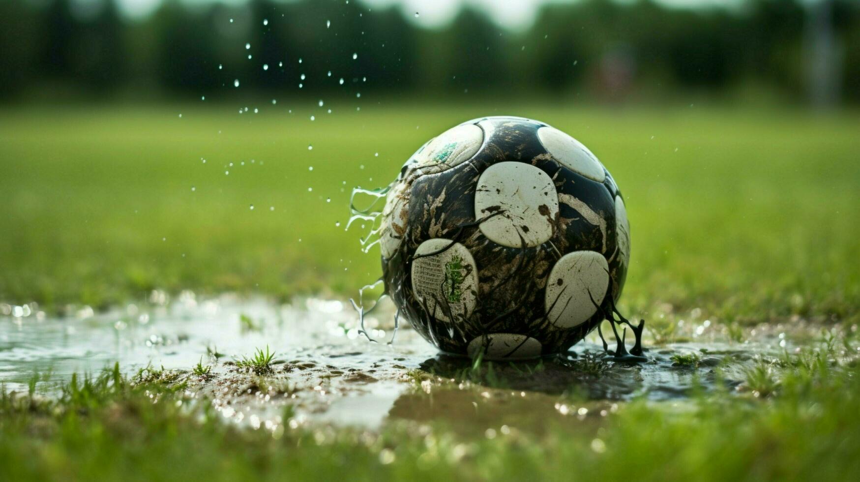 smutsig fotboll boll på våt gräs fält foto