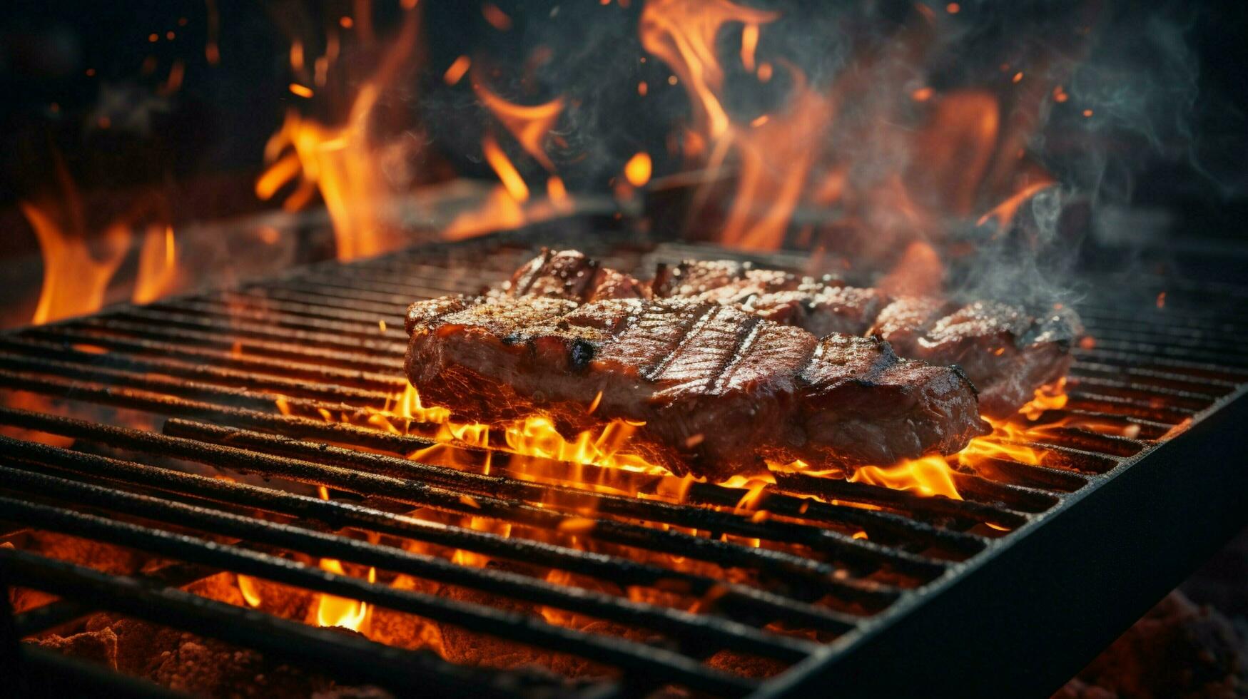 flamma grillning kött på en lysande kol grill foto