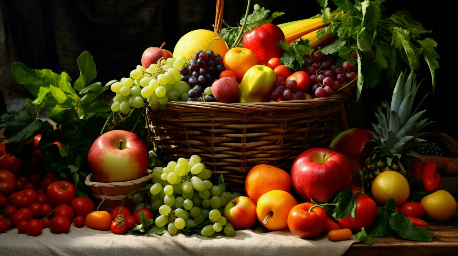 färsk organisk frukt och grönsaker i mång färgad mark foto