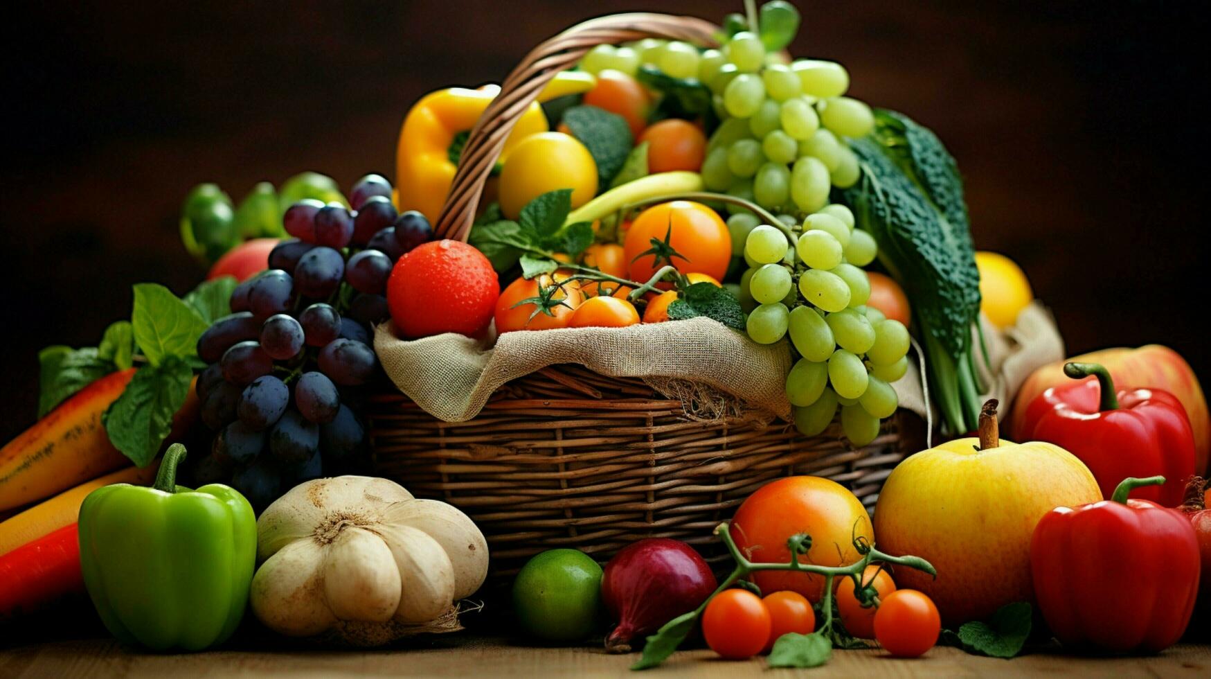 färsk organisk frukt och grönsaker i mång färgad mark foto