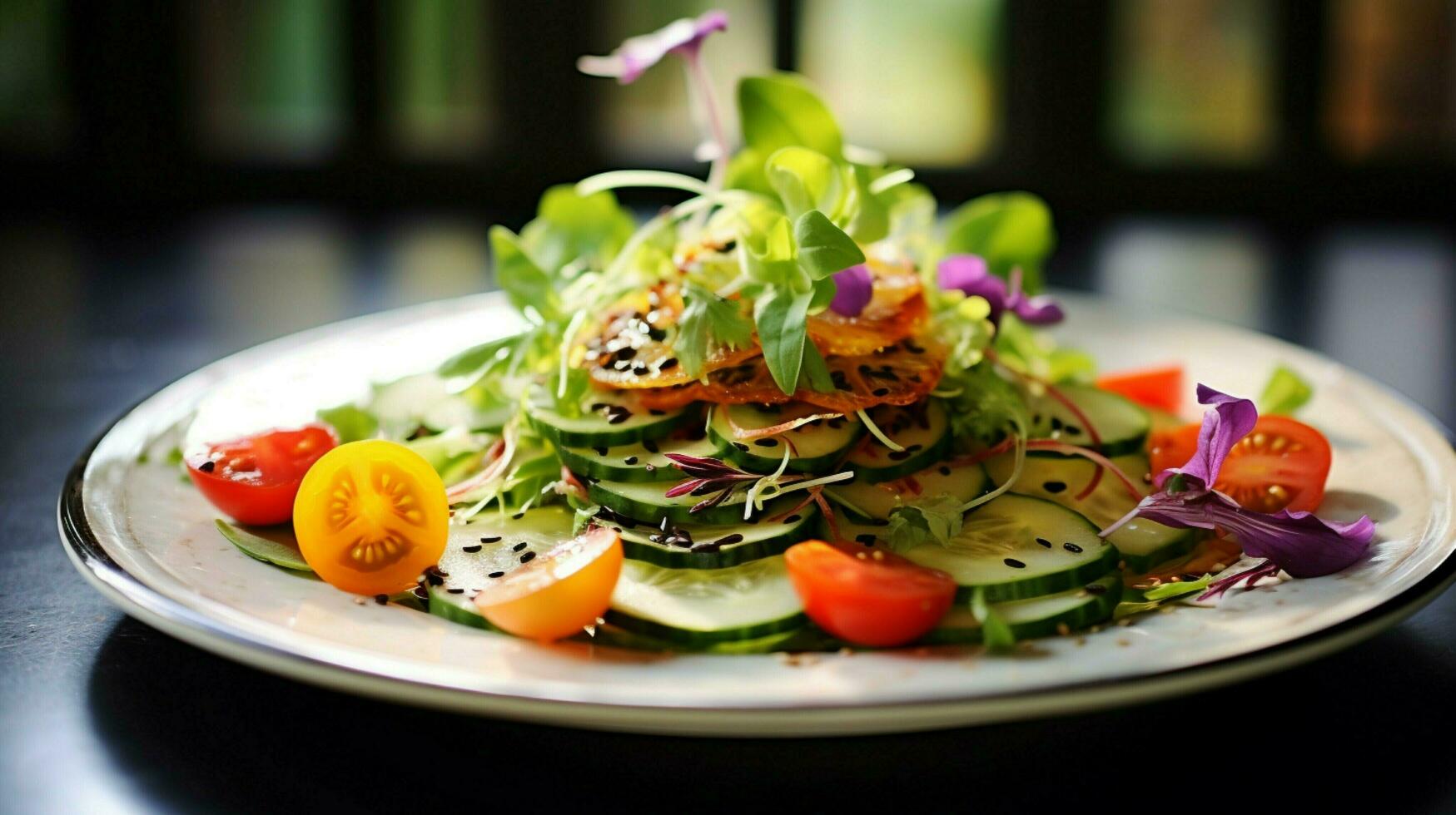 färsk sallad på en tallrik en friska gourmet vegetarian måltid foto