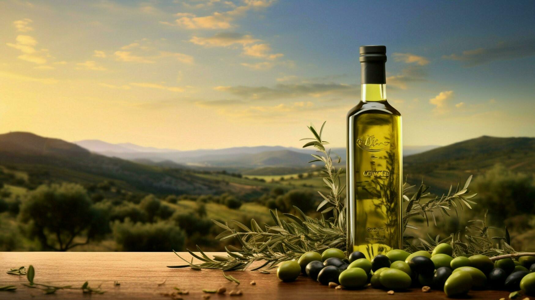 friskhet i en flaska friska organisk extra jungfrulig oliv foto