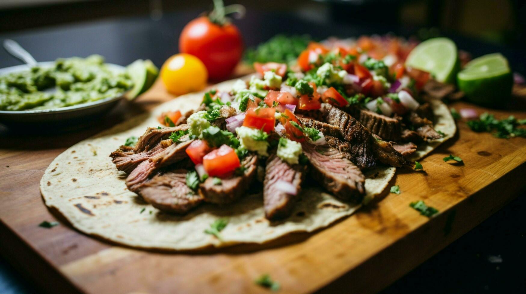 grillad nötkött taco med guacamole Koriander och färsk tomat foto