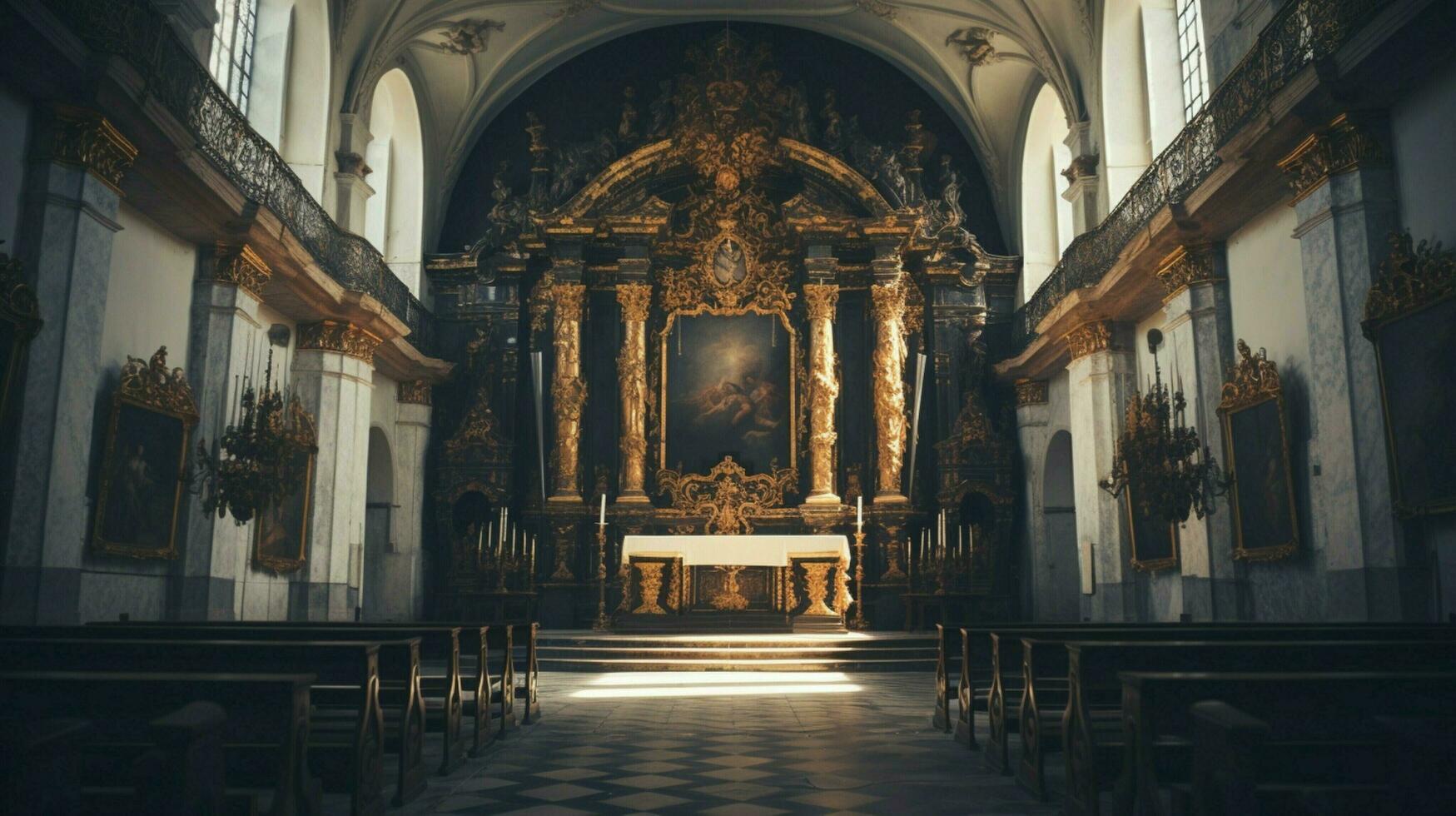 inuti av gammal katedral kristendomen altare står under foto