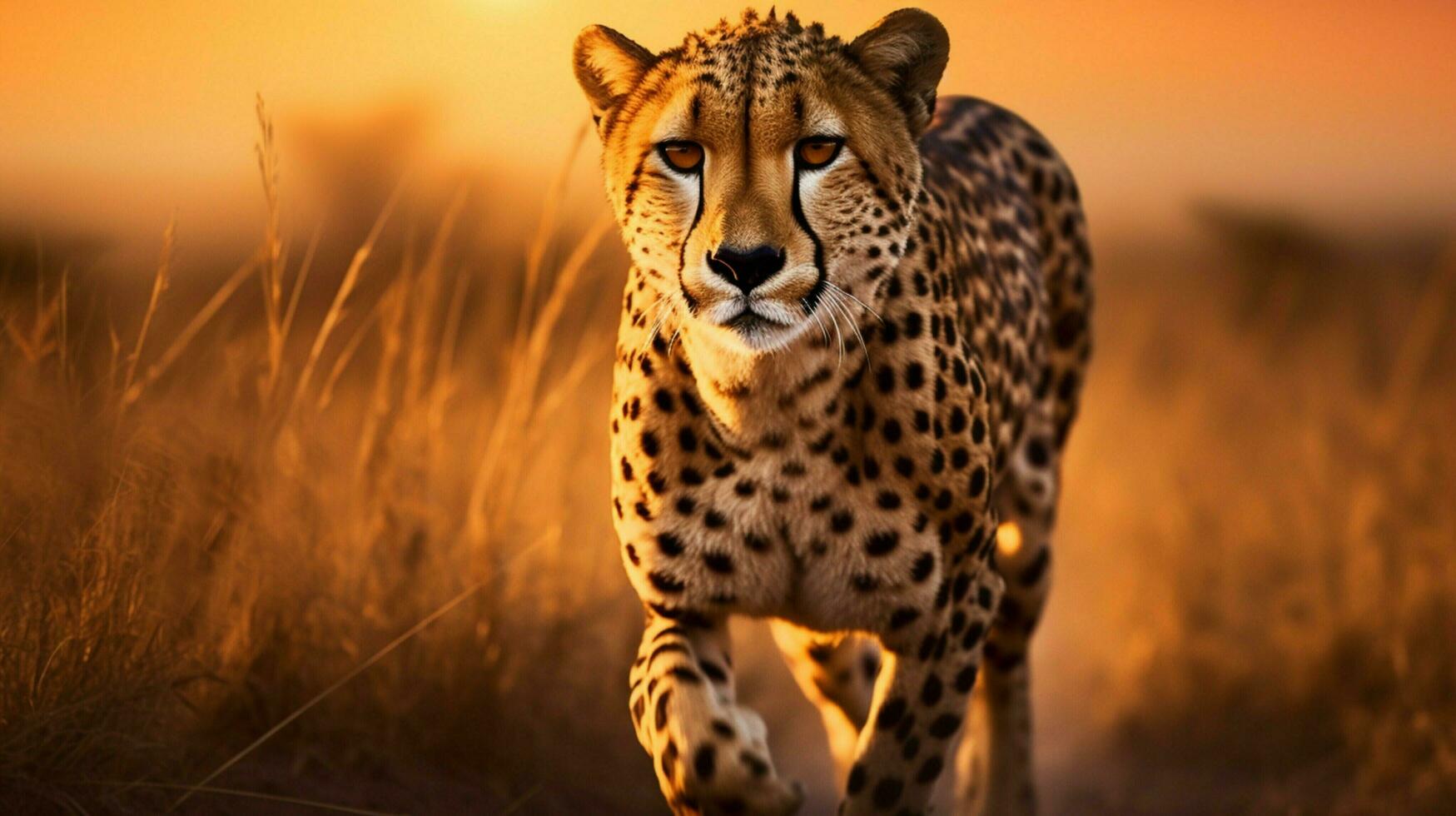 majestätisk gepard gående i afrikansk savann solnedgång foto