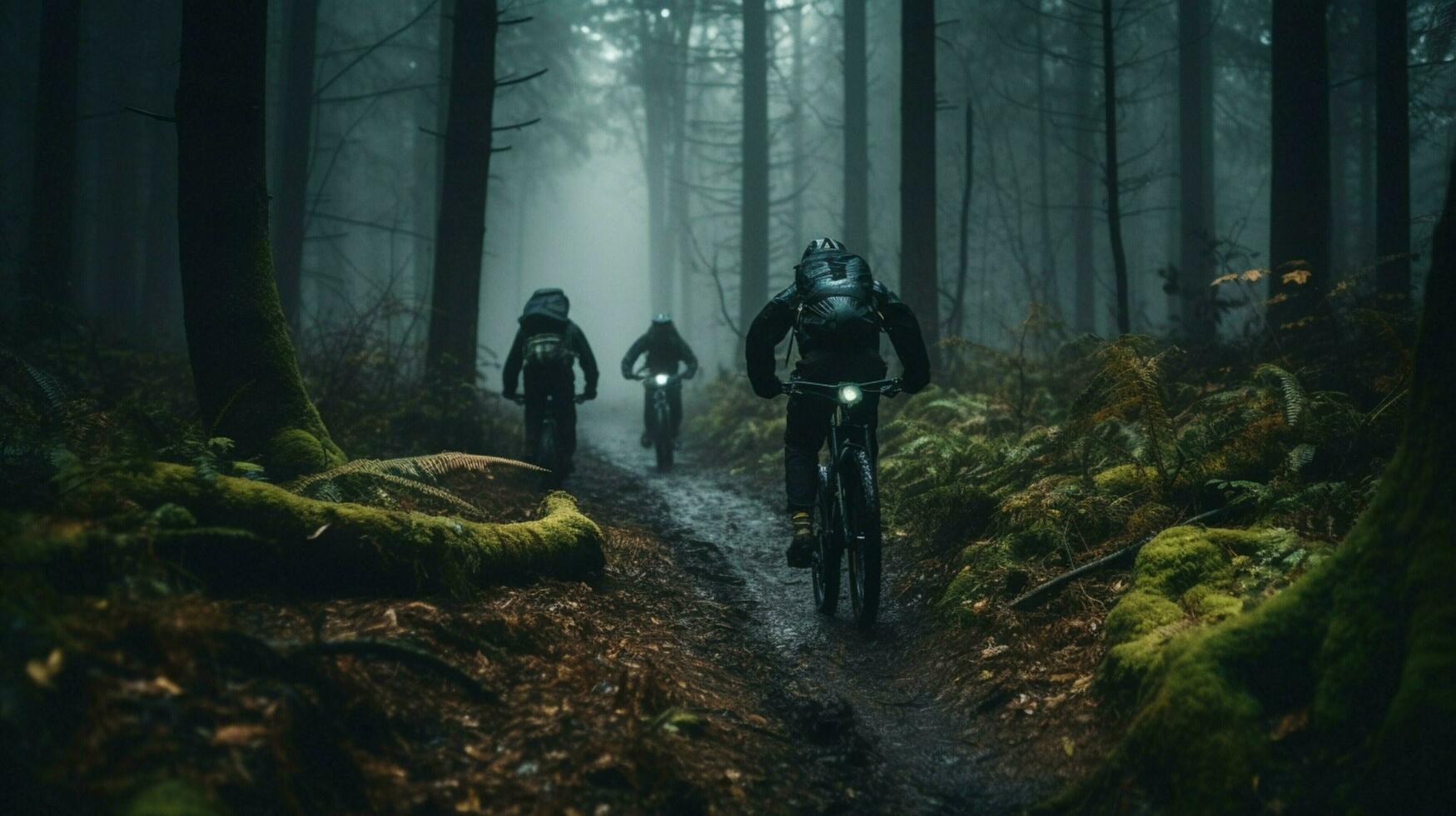 män cykling genom skog extrem sporter äventyr foto