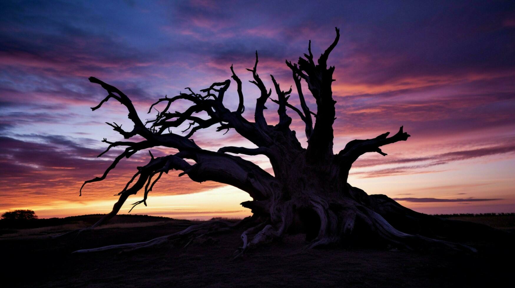 silhuett av ett gammal träd trunk på skymning foto