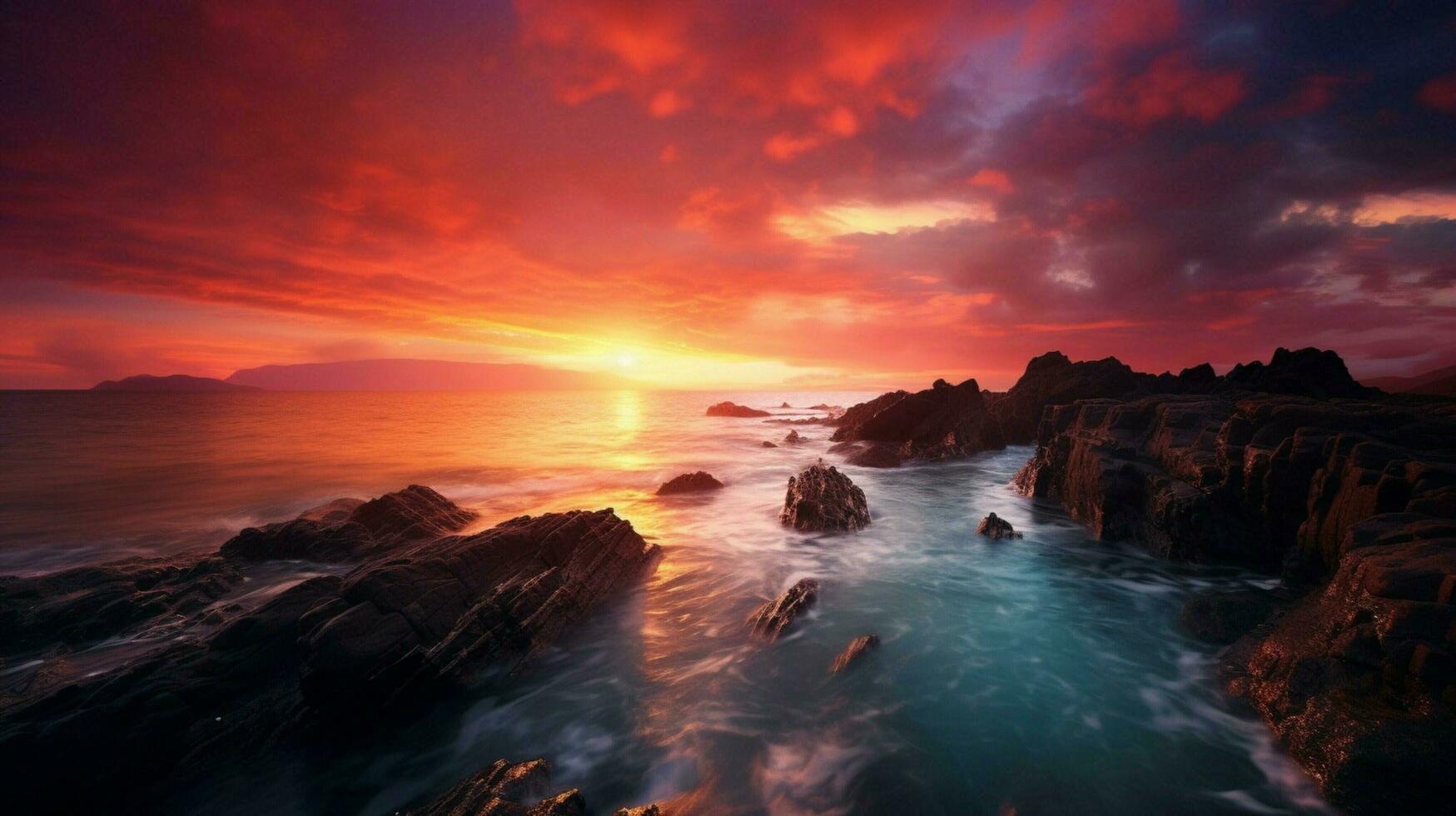vibrerande solnedgång över lugn marinmålning idyllisk skönhet foto