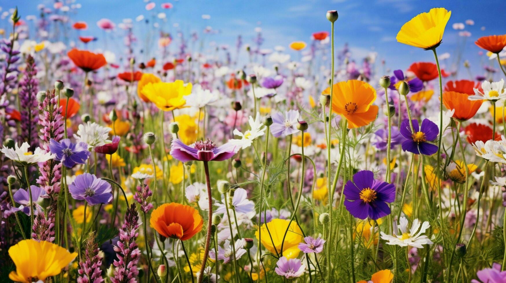 vibrerande vild blomma äng i sommar med gul och lila foto