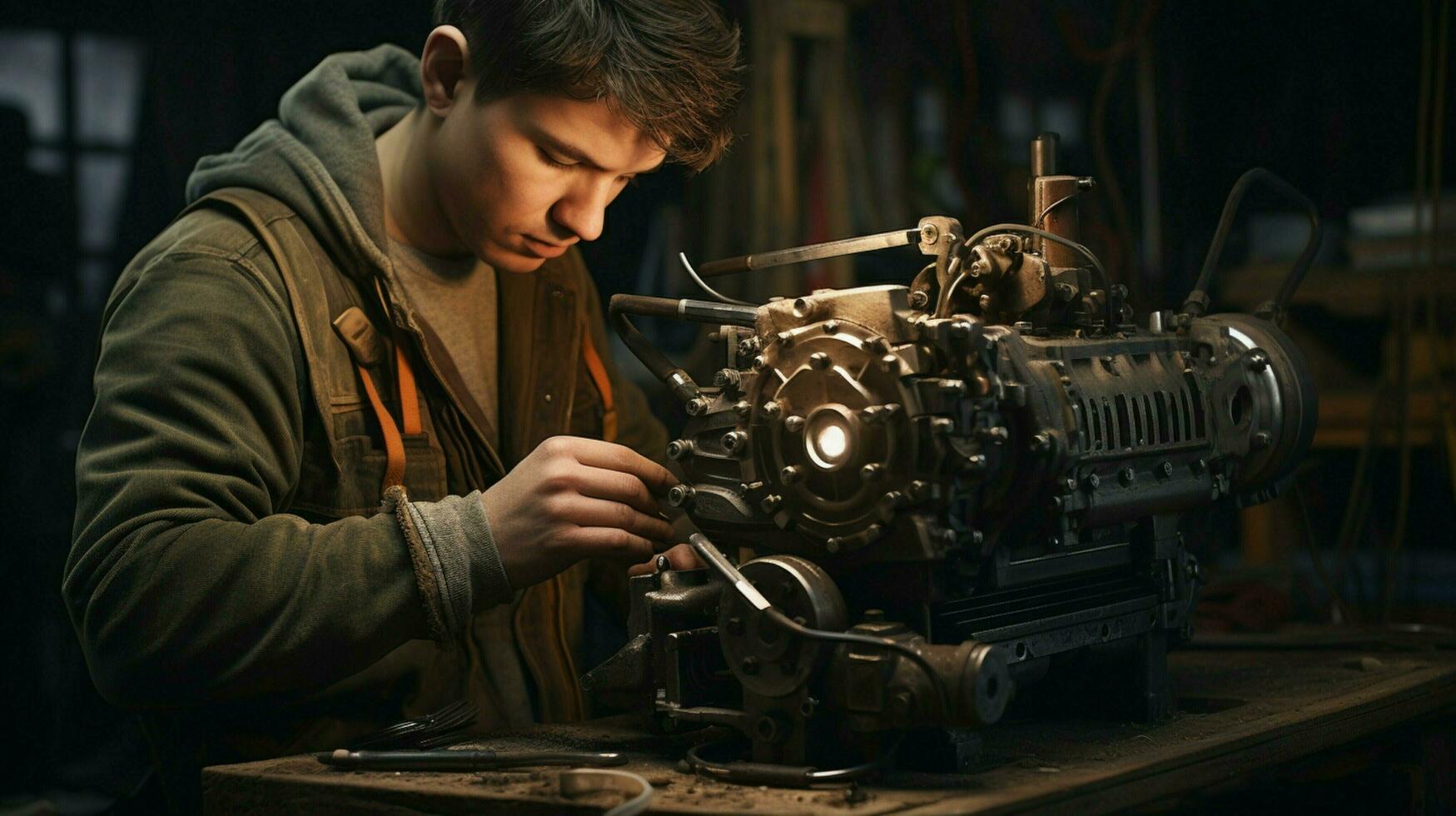 ung caucasian man reparation metall Utrustning inomhus foto