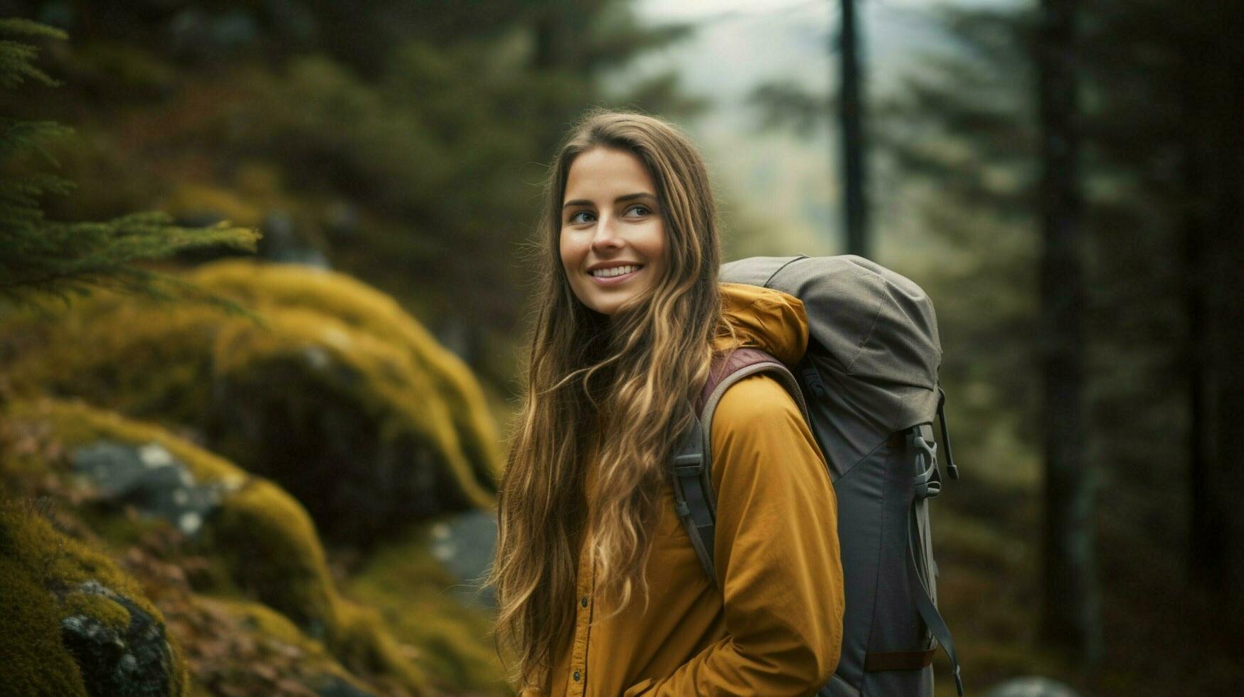 ung kvinna vandring i de skog njuter de skönhet foto