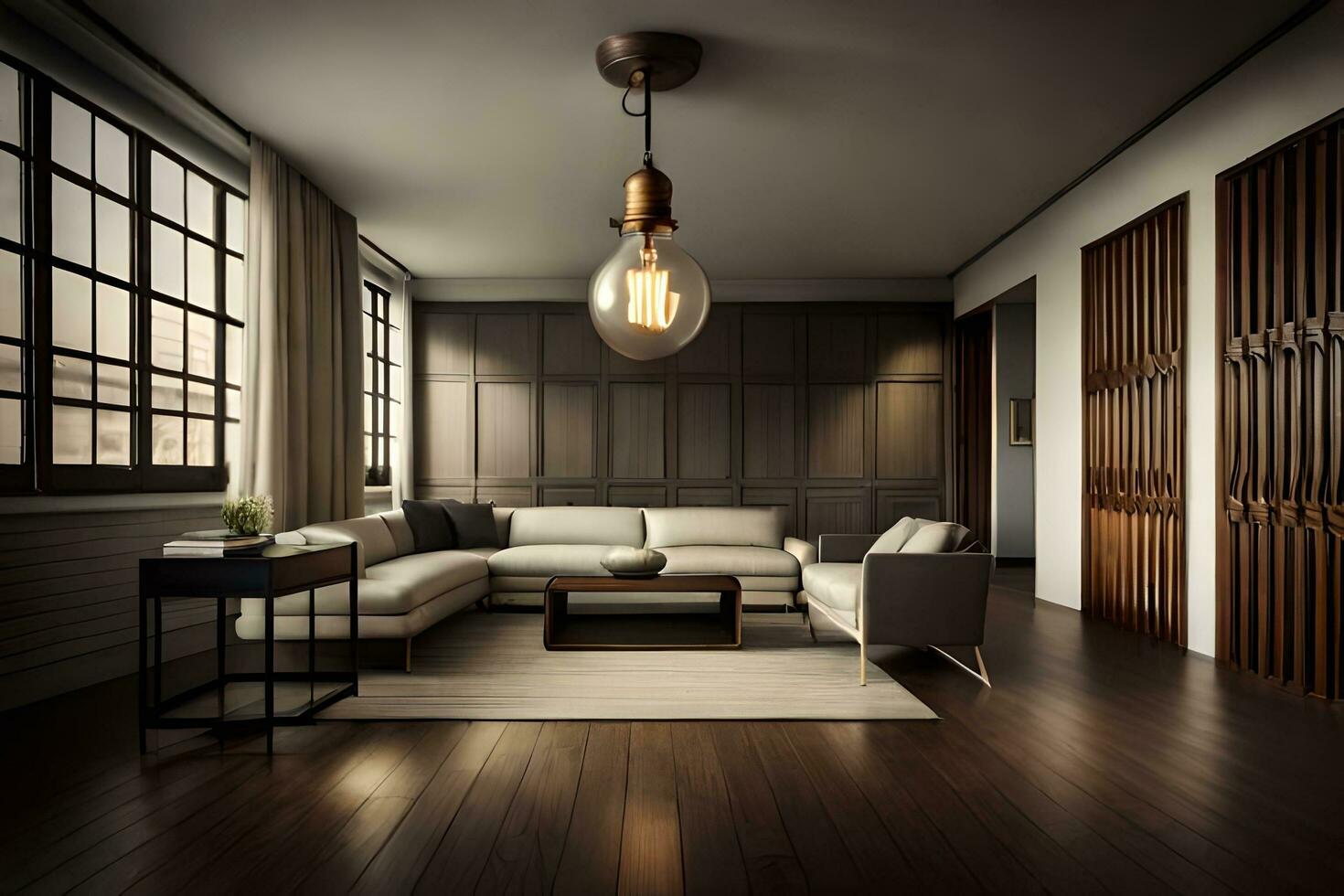en levande rum med trä- golv och en stor fönster. ai-genererad foto