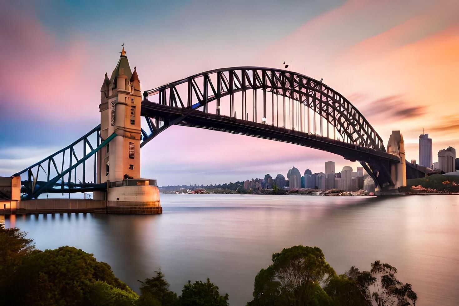 de sydney hamn bro på solnedgång. ai-genererad foto