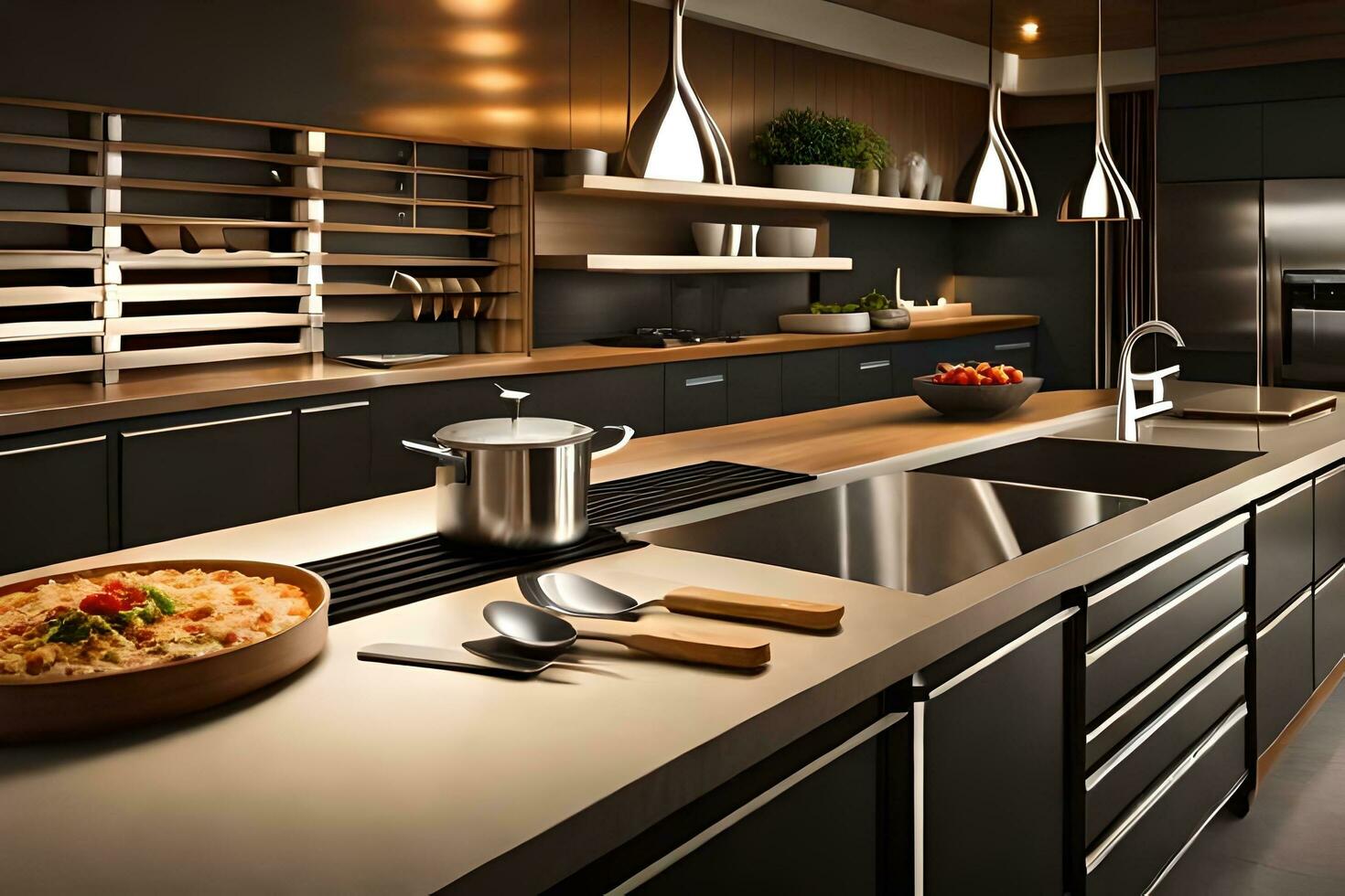 en modern kök med rostfri stål apparater och svart skåp. ai-genererad foto