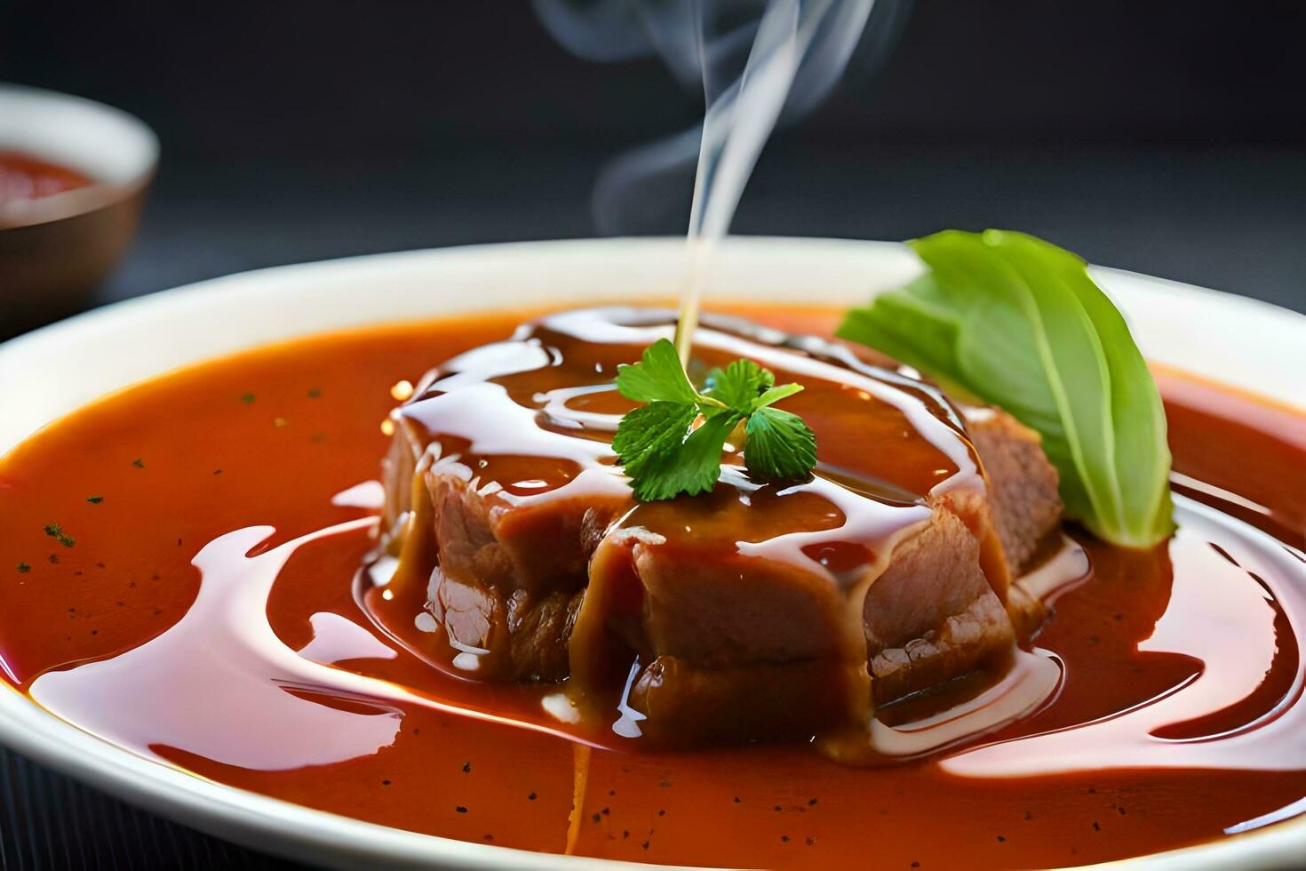 en skål av soppa med kött och sås. ai-genererad foto