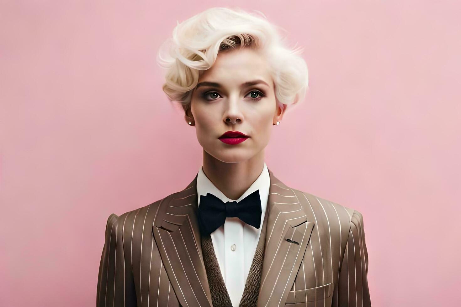 en kvinna med blond hår bär en kostym och rosett slips. ai-genererad foto