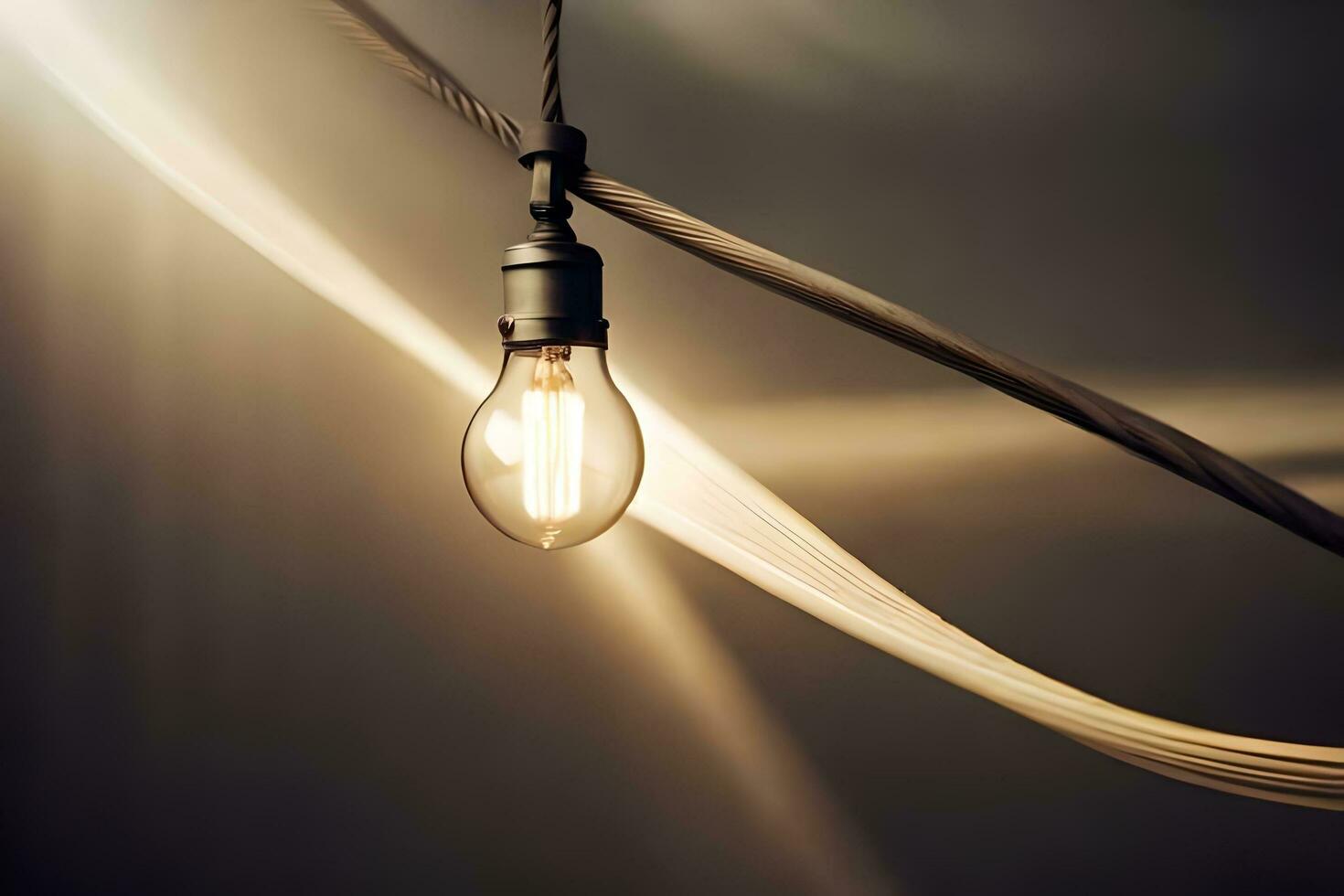 en ljus Glödlampa är hängande från en tråd. ai-genererad foto