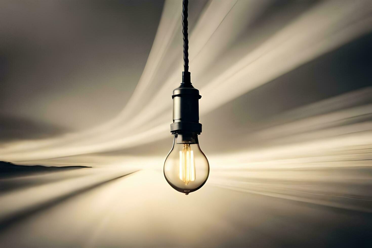 en ljus Glödlampa är hängande från en tråd. ai-genererad foto