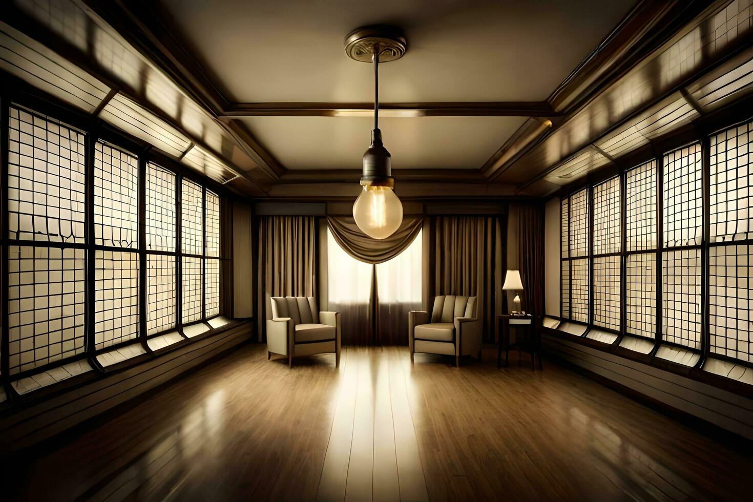 en rum med en stor fönster och en lampa. ai-genererad foto