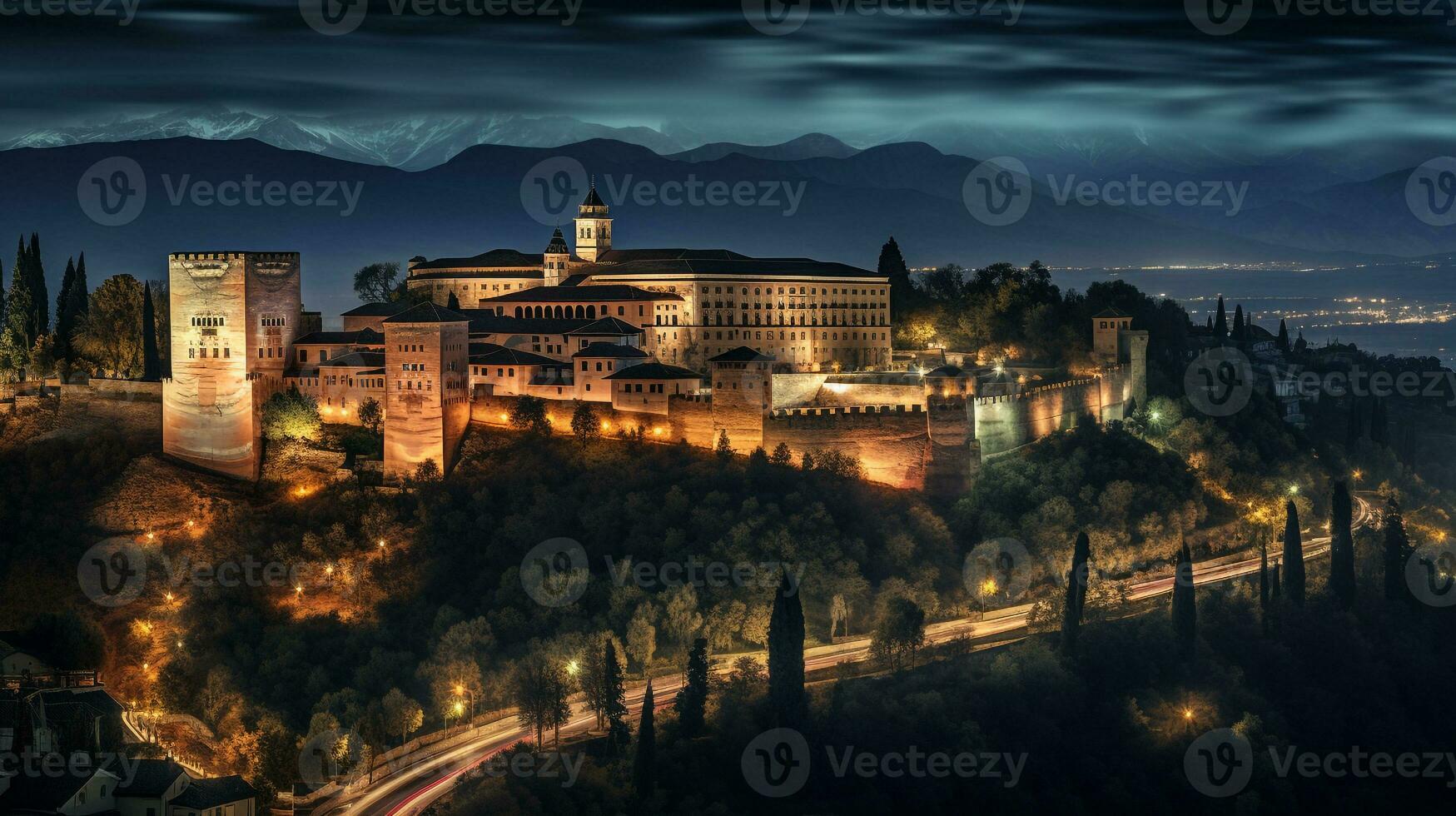 natt se av alhambra. generativ ai foto