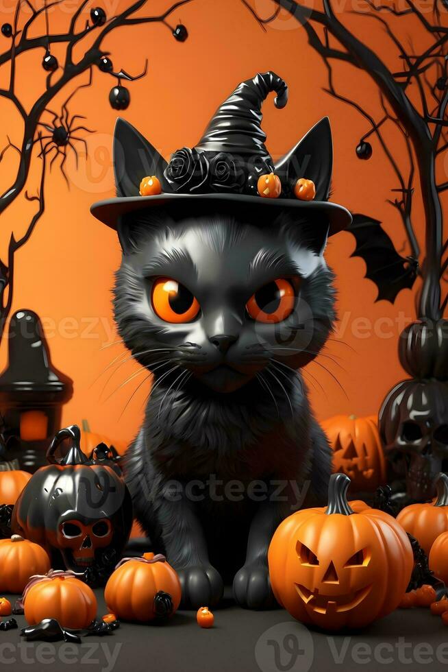 halloween svart katt, halloween svart katt bakgrund, 3d halloween svart katt illustration, halloween bakgrund, ai generativ foto