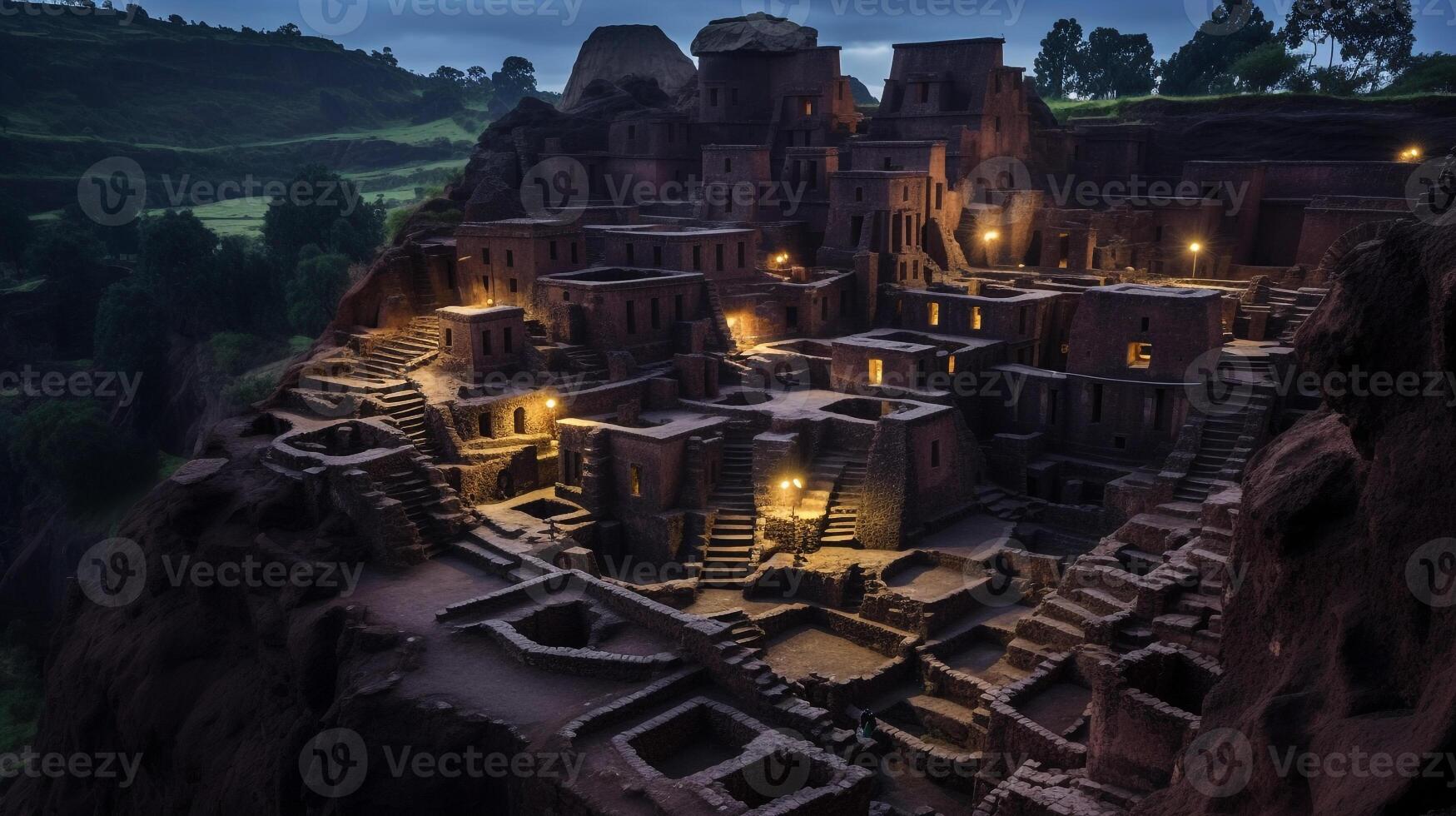 natt se av stenhuggen kyrkor av lalibela. generativ ai foto