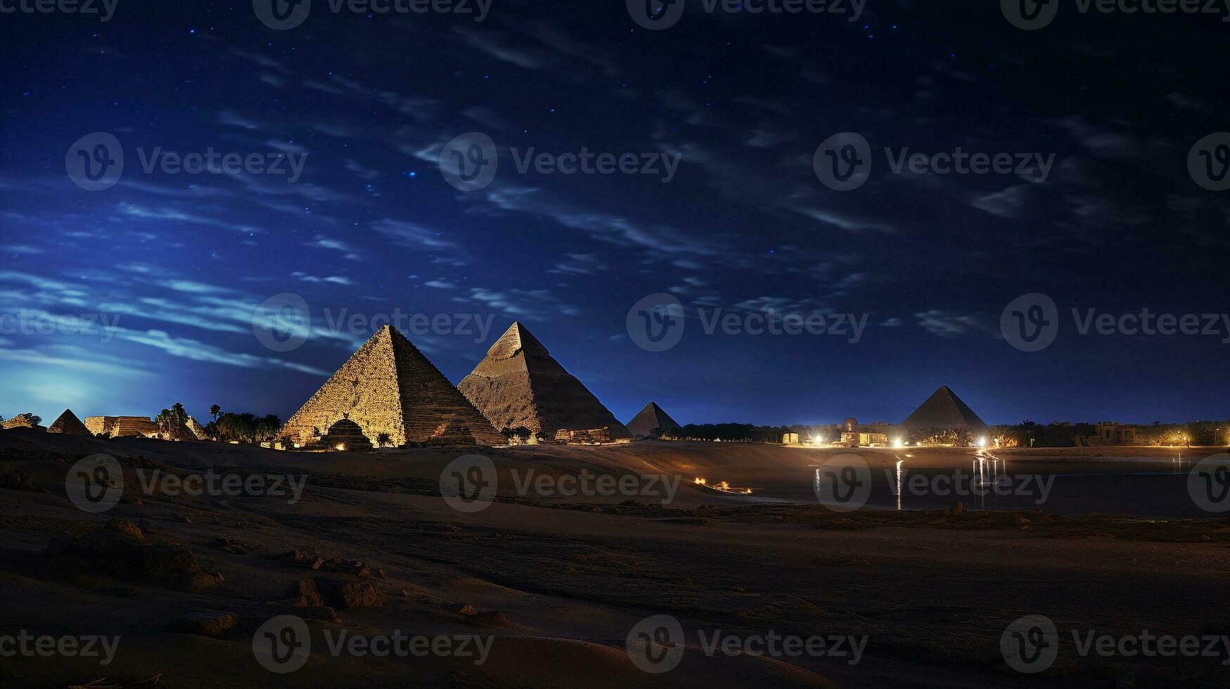 natt se av pyramider av giza. generativ ai foto