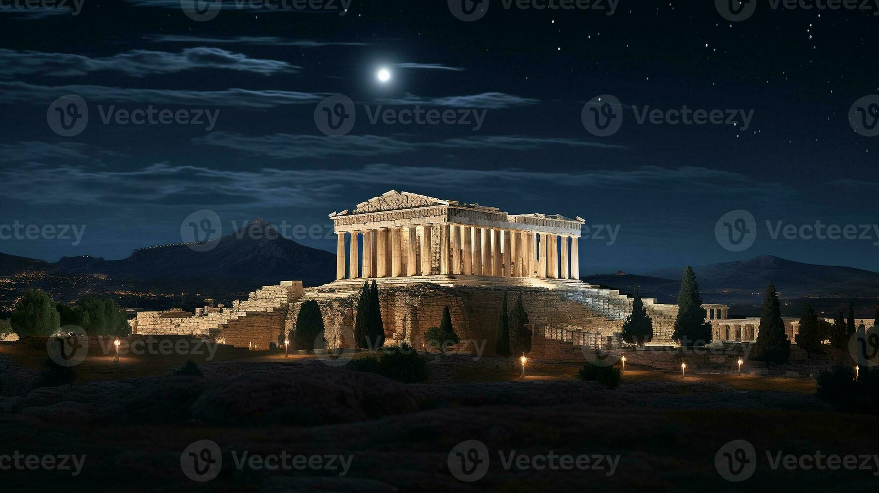 natt se av de parthenon. generativ ai foto