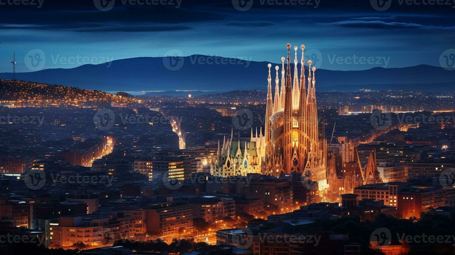 natt se av sagrada familia. generativ ai foto