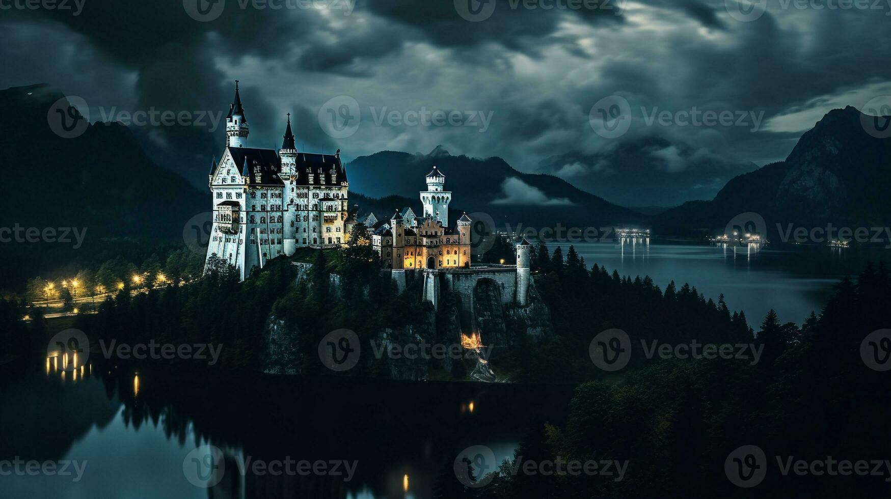 natt se av neuschwanstein slott. generativ ai foto