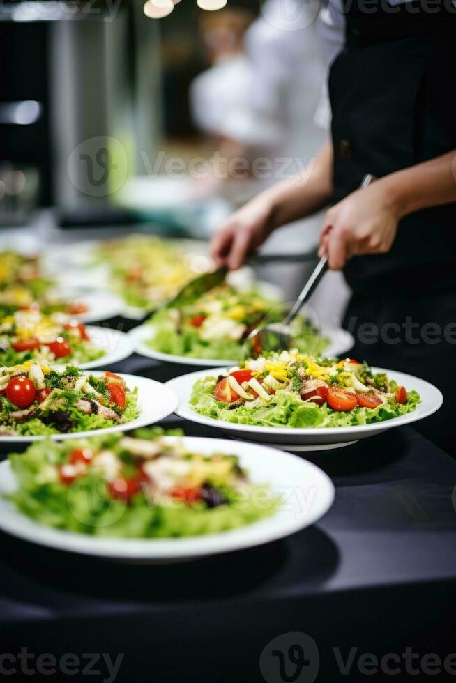 buffé måltider inuti de restaurang med vegetabiliska sallader. generativ ai foto