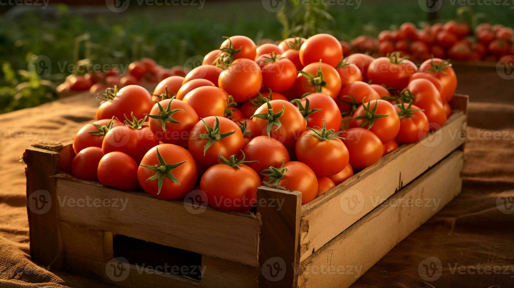 nyligen plockade tomat frukt från trädgård placerad i de lådor. generativ ai foto