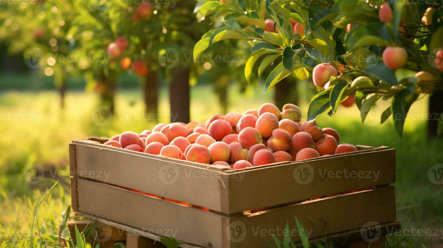 nyligen plockade persika frukt från trädgård placerad i de lådor. generativ ai foto