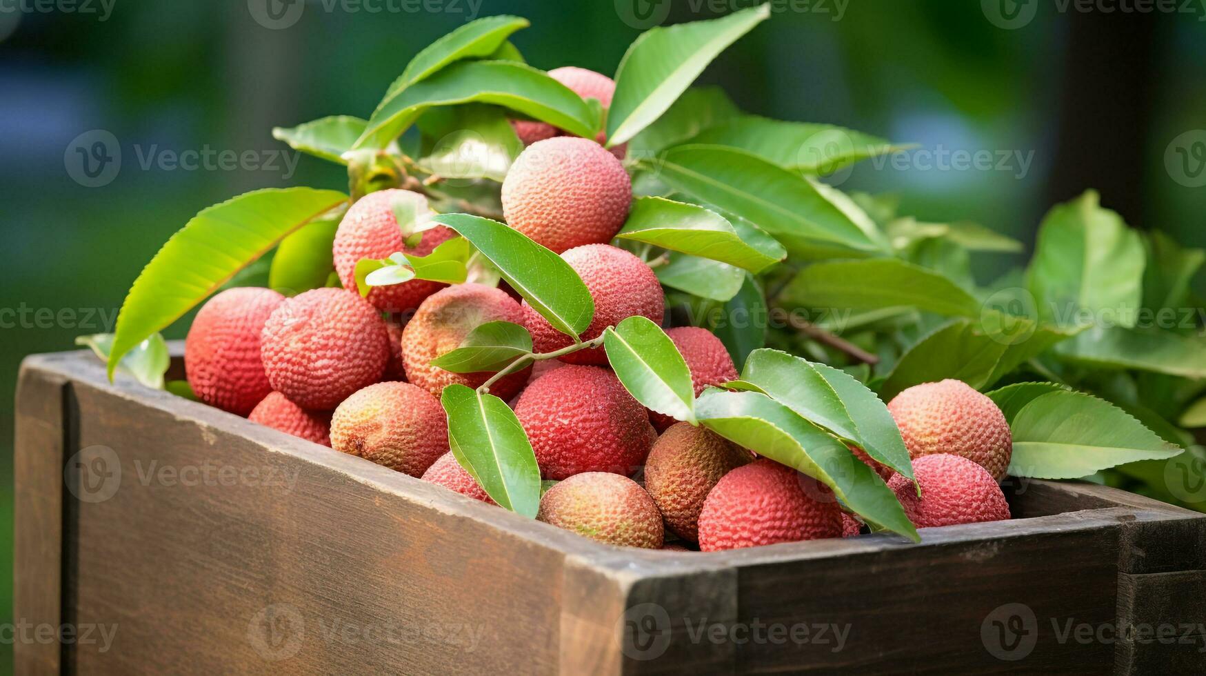 nyligen plockade litchi frukt från trädgård placerad i de lådor. generativ ai foto