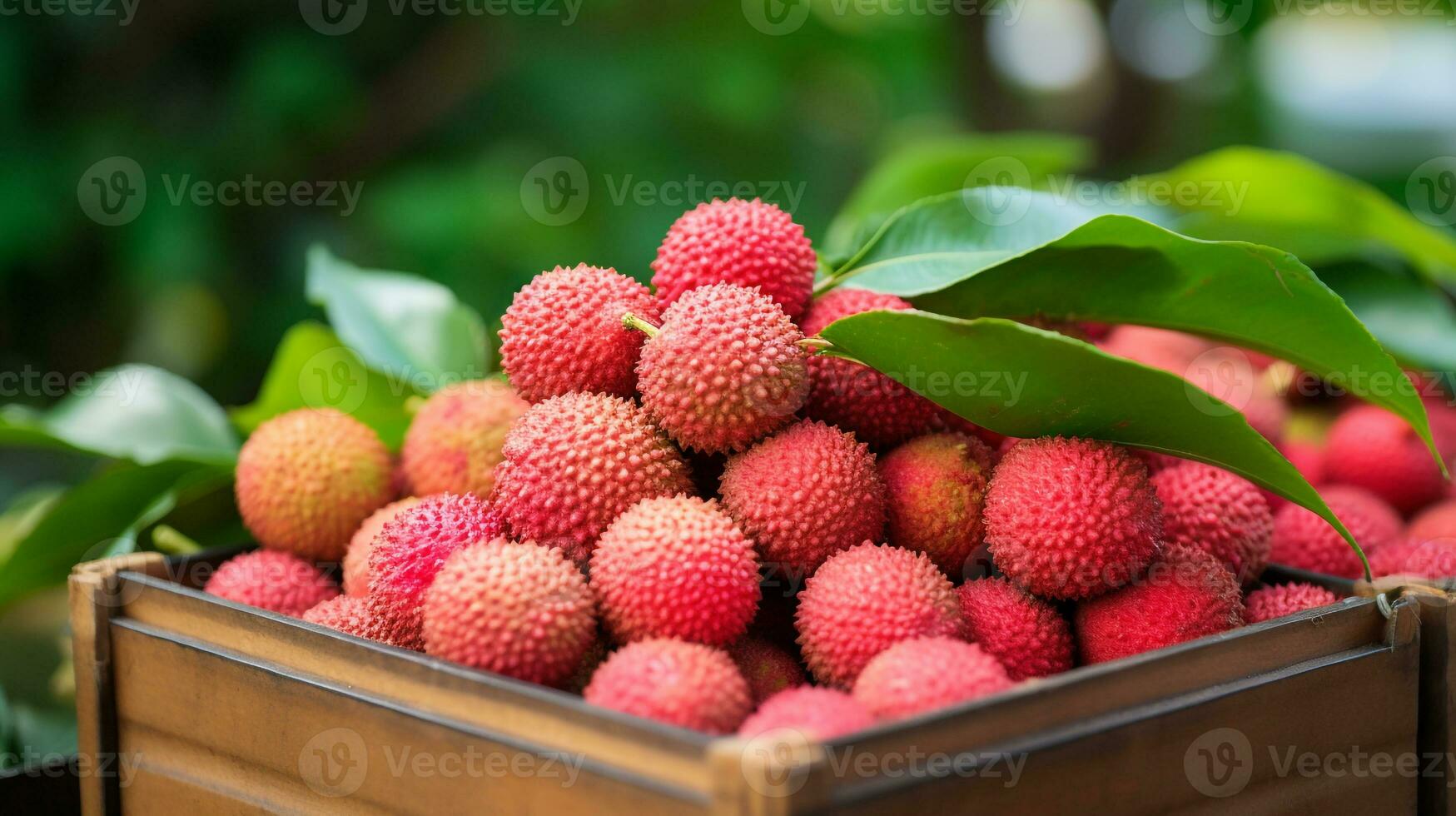 nyligen plockade litchi frukt från trädgård placerad i de lådor. generativ ai foto