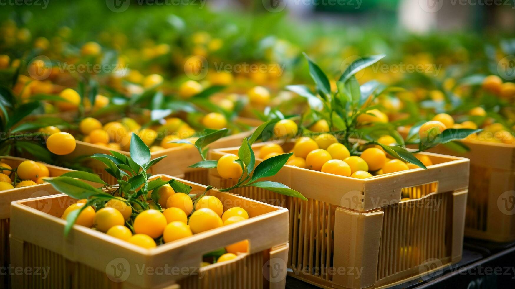 nyligen plockade kumquat frukt från trädgård placerad i de lådor. generativ ai foto