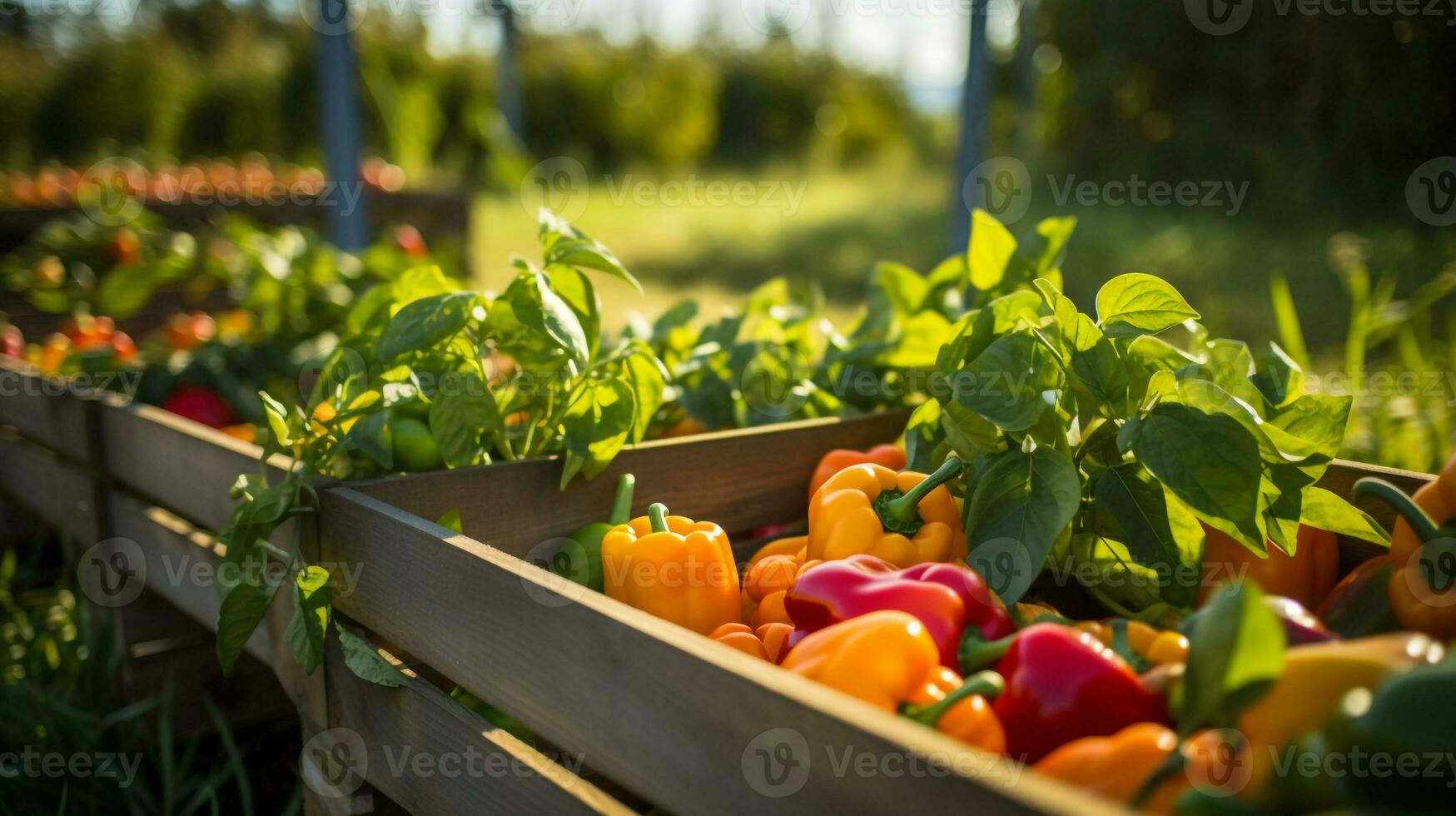 nyligen plockade klocka peppar frukt från trädgård placerad i de lådor. generativ ai foto