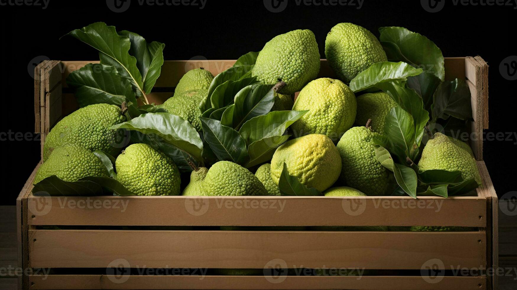 nyligen plockade brödfrukt från trädgård placerad i de lådor. generativ ai foto