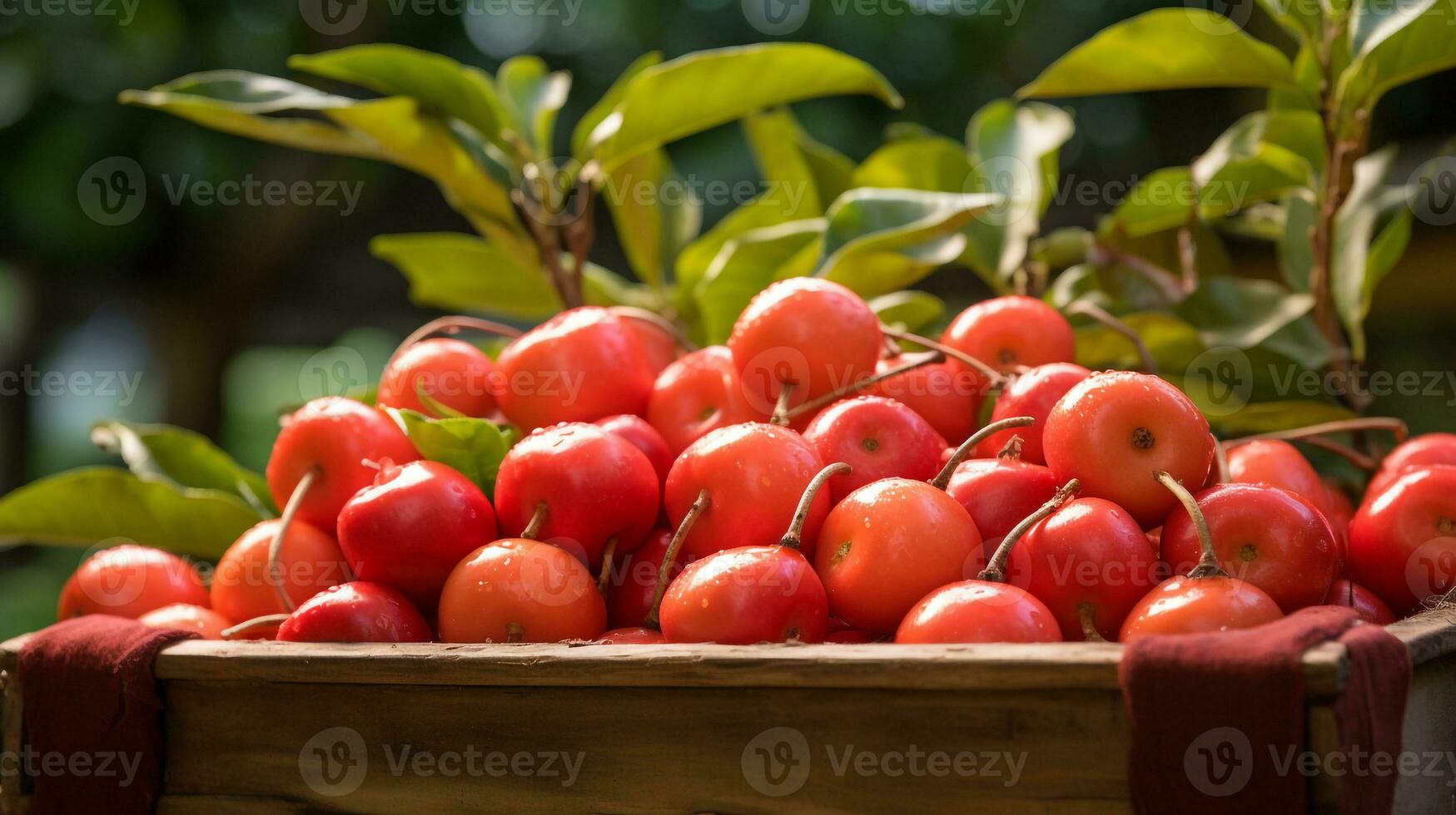 nyligen plockade acerola frukt från trädgård placerad i de lådor. generativ ai foto