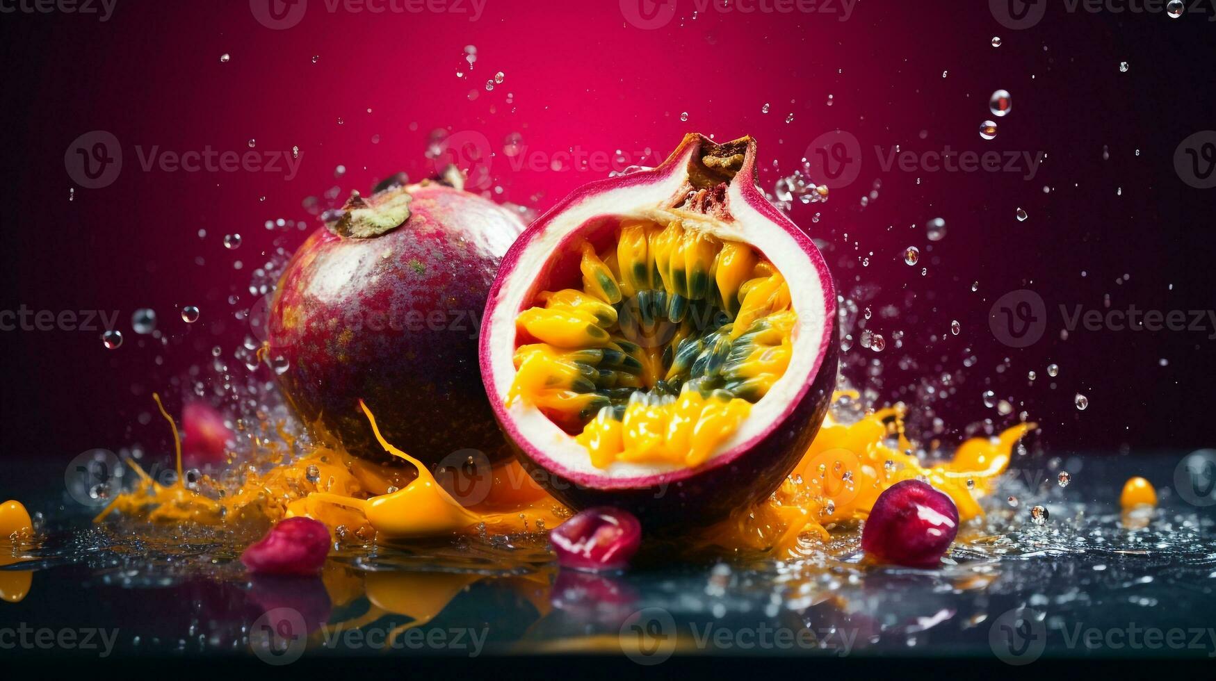 Foto av passionen frukt halv mot en färgrik abstrakt bakgrund. generativ ai