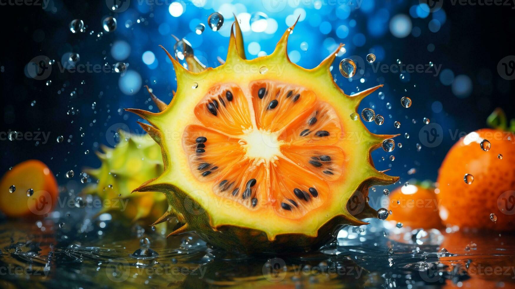 Foto av kiwano frukt halv mot en färgrik abstrakt bakgrund. generativ ai