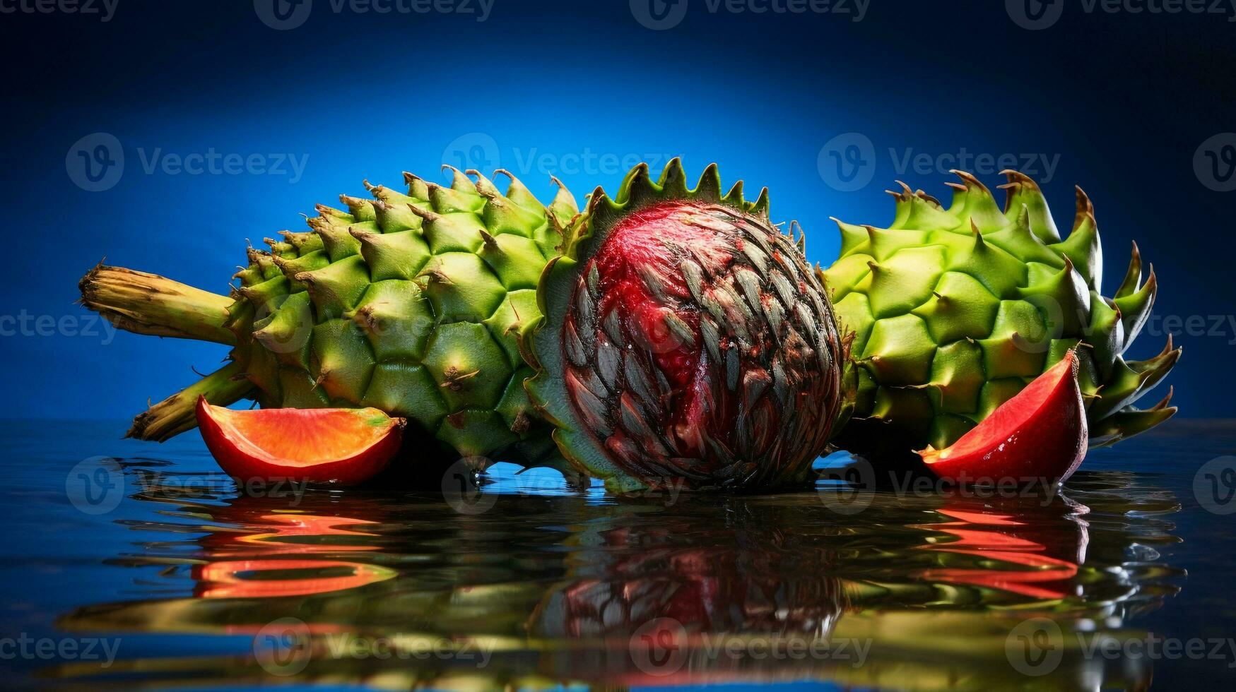 Foto av guanabana frukt halv mot en färgrik abstrakt bakgrund. generativ ai
