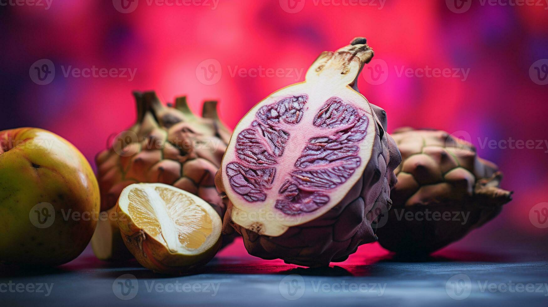 Foto av Cherimoya frukt halv mot en färgrik abstrakt bakgrund. generativ ai