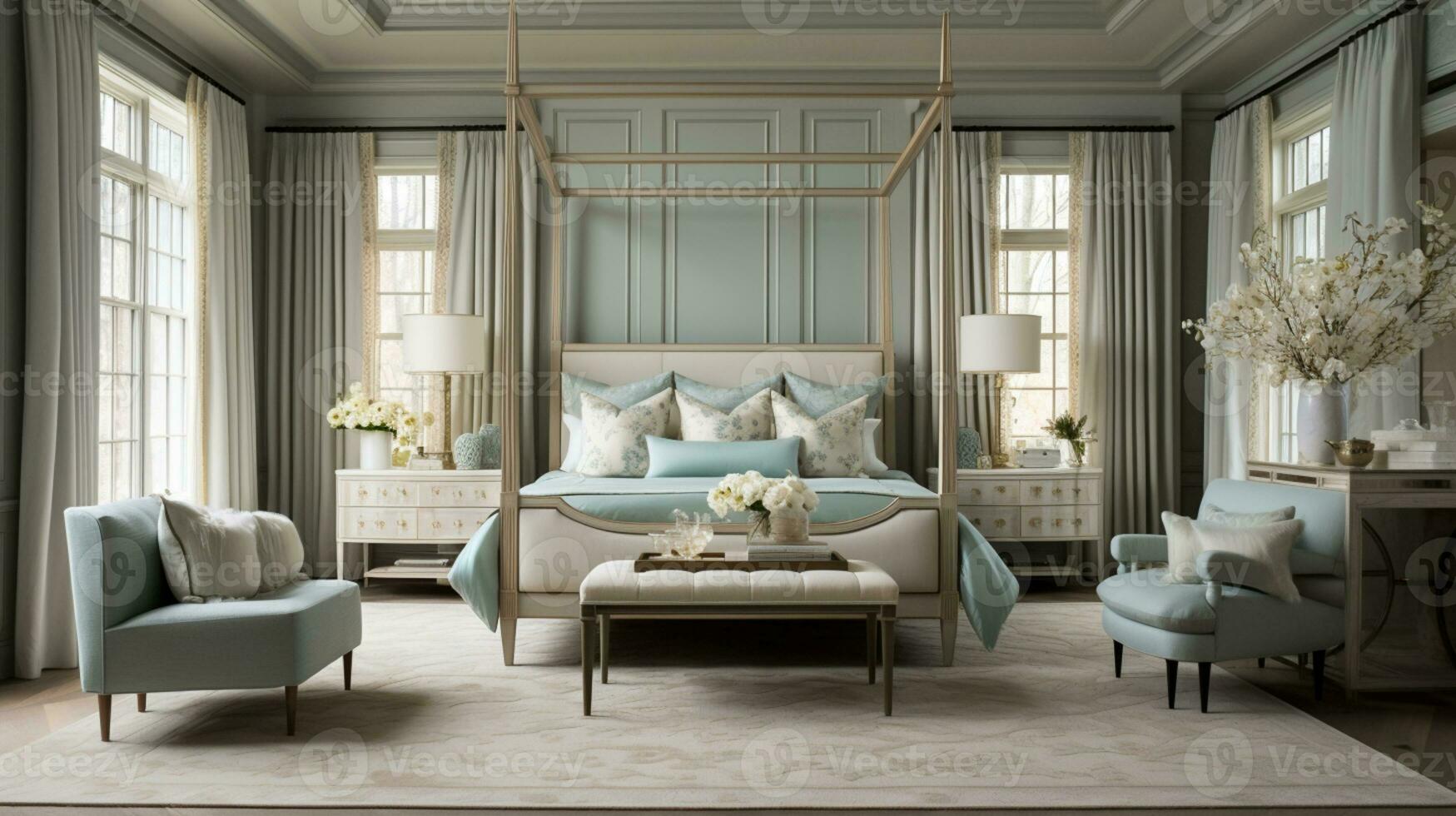 lyxig möblerad bemästra sovrum svit, elegant interiör design, modern hus design begrepp, ai generativ foto