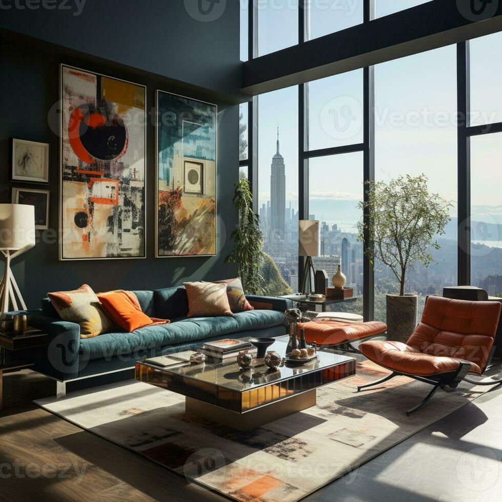 interiör design modern levande rum, fönster visa fantastisk se av de stad horisont, lägenhet rum, ai generativ foto