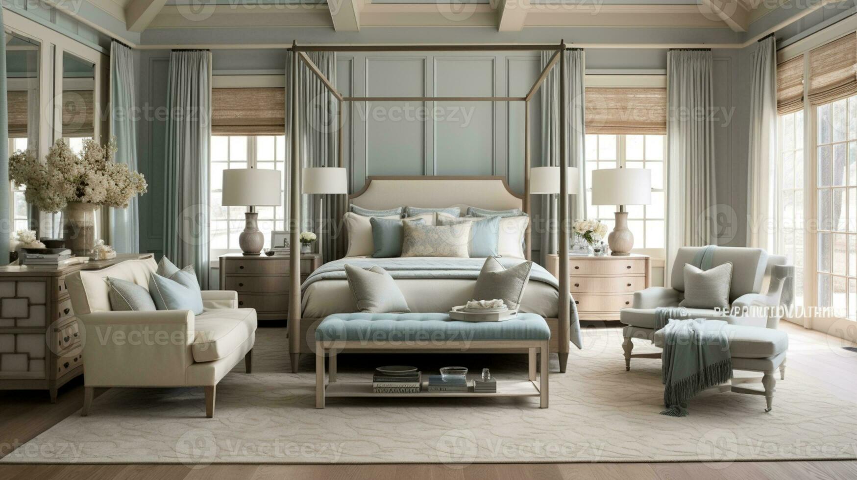 lyxig möblerad bemästra sovrum svit, elegant interiör design, modern hus design begrepp, ai generativ foto