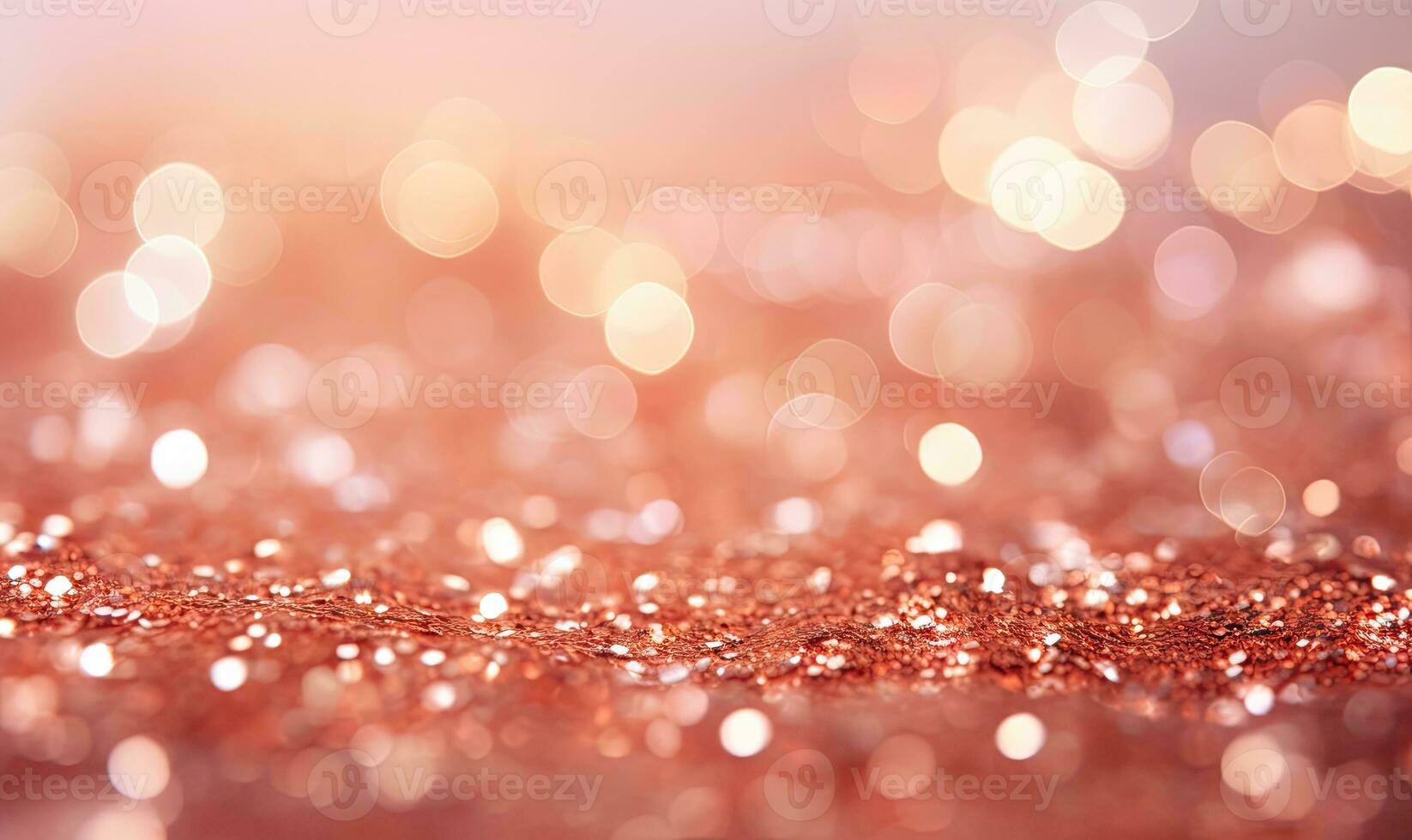 närbild av en gnistrande roséguld glitter scen med dans bokeh lampor. ai generativ foto